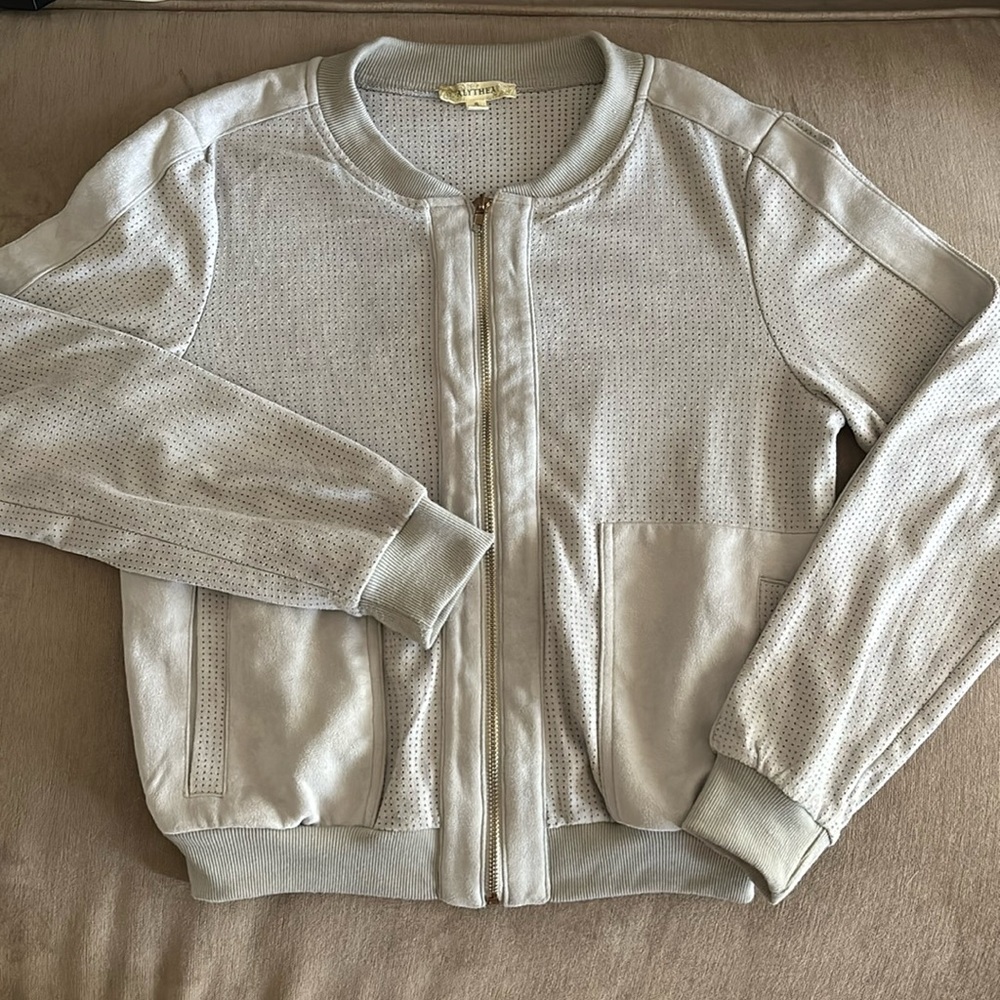 ALYTHEA faux suede laser cut bomber jacket